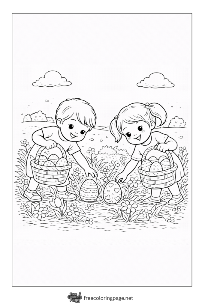 coloring page of kids collecting easter eggs
