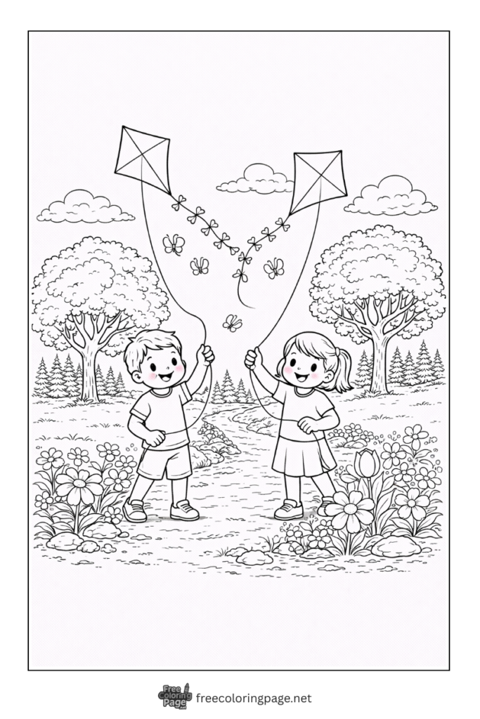 coloring page of kids flying kites
