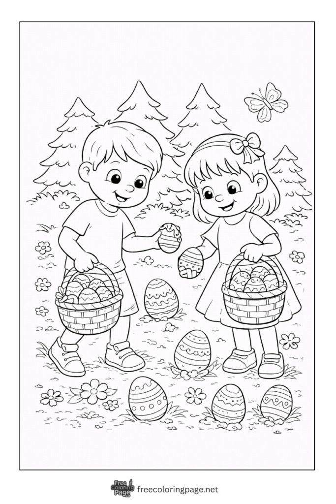 coloring page of kids hunting easter eggs in forest