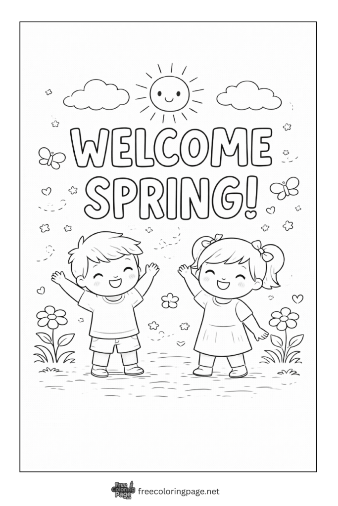 coloring page of kids welcoming spring