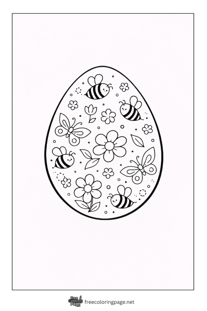 coloring page of easter egg decorated with spring flower bees butterflies