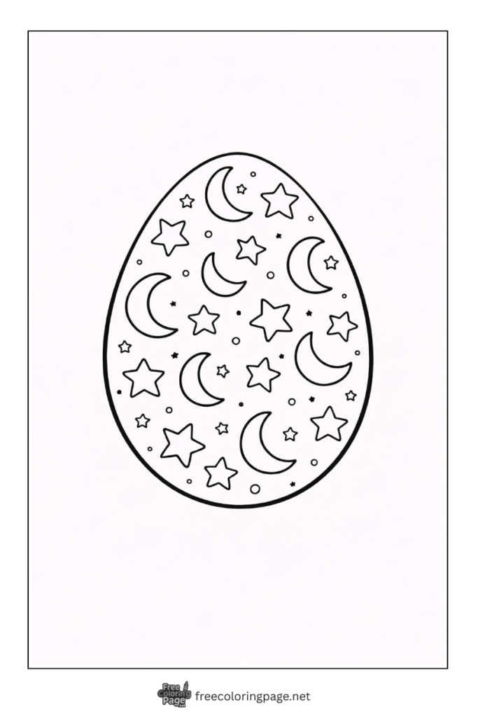 coloring page of easter egg with moon and stars design