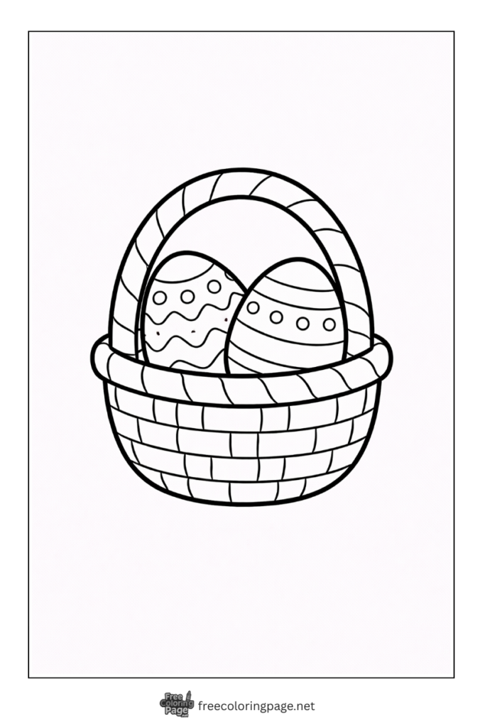 coloring page of simple basket with two easter eggs