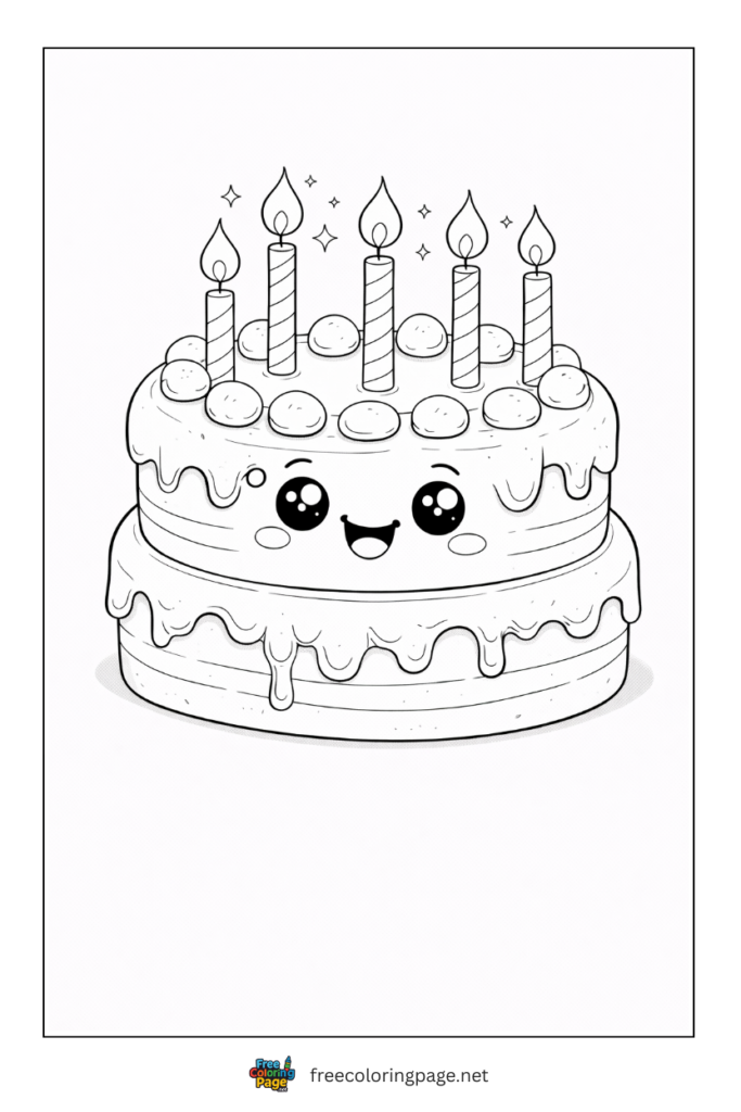 coloring page of cute kawaii smiling birthday cake