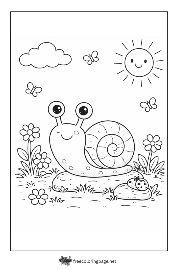 coloring page of happy snail in flower garden