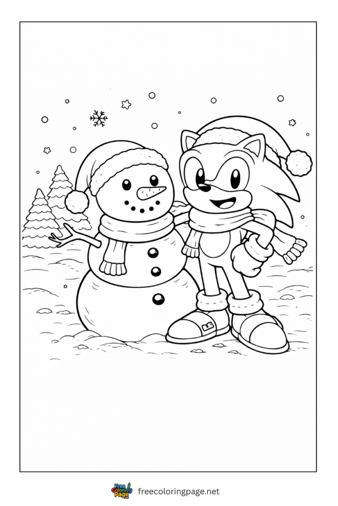 coloring page of sonic with snowman