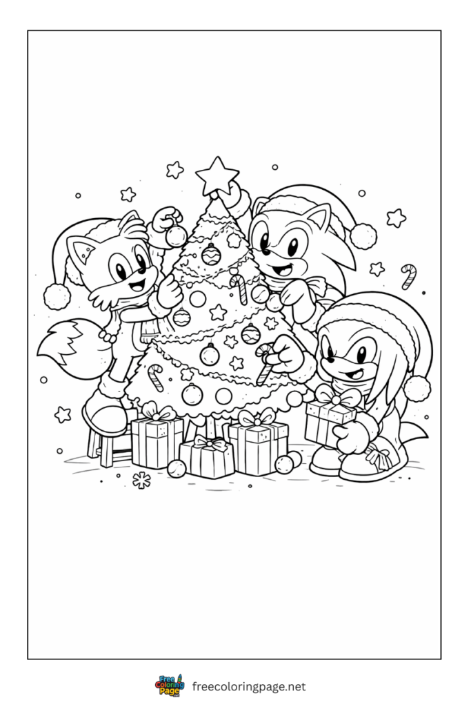 coloring page of sonic amy tails decorating christmas tree