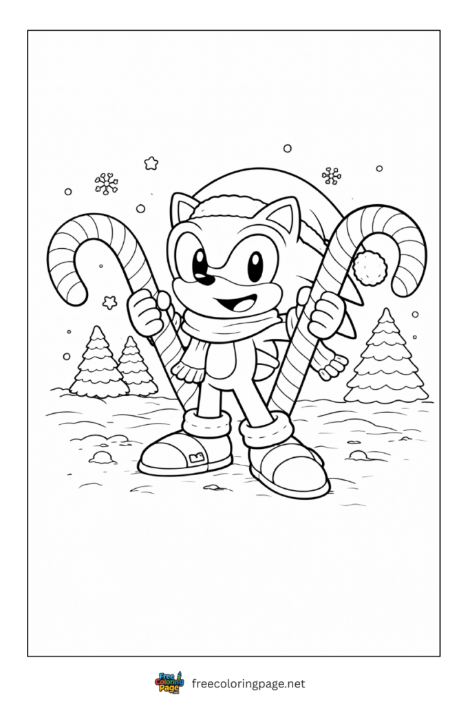 coloring page of sonic holding big candy cane