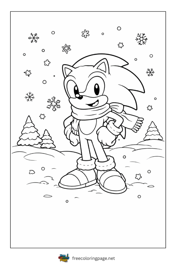 coloring page of sonic in winter wearing scarf