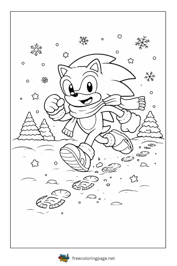 coloring page of sonic running with foot impressions on snow