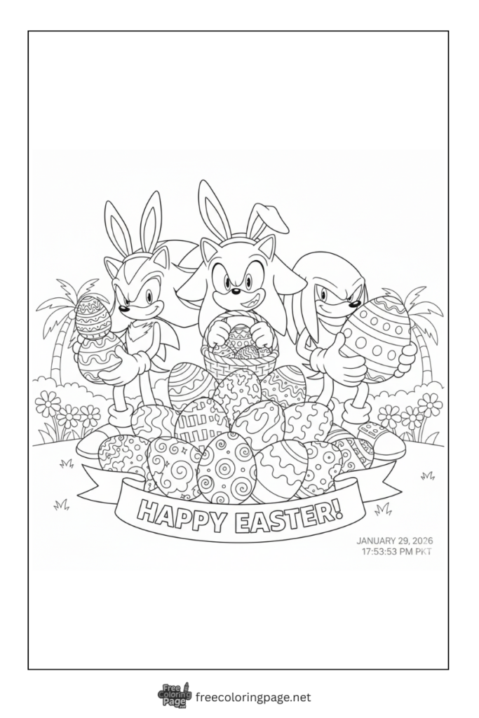 coloring page of sonic shadow knuckles celebrating easter