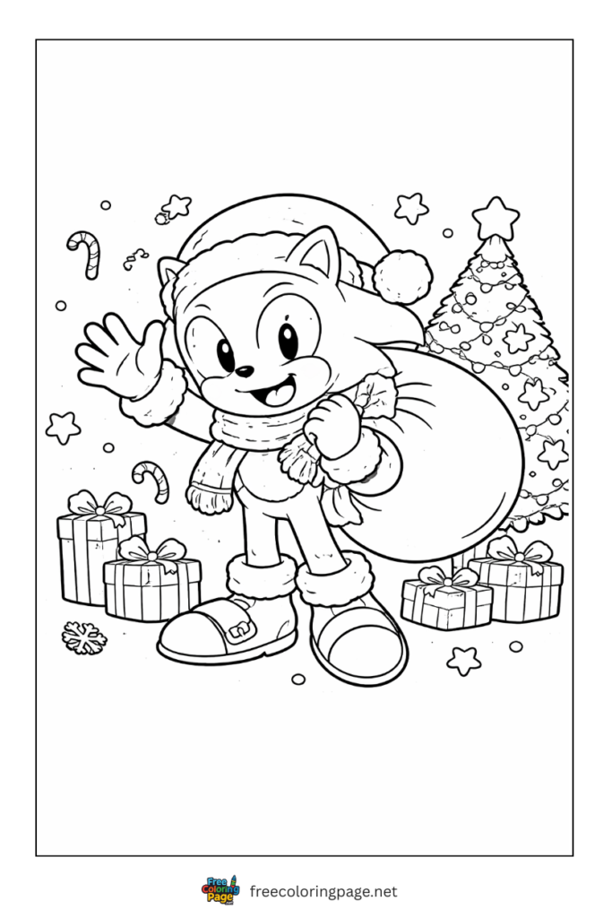 coloring page of sonic waving with christmas gifts