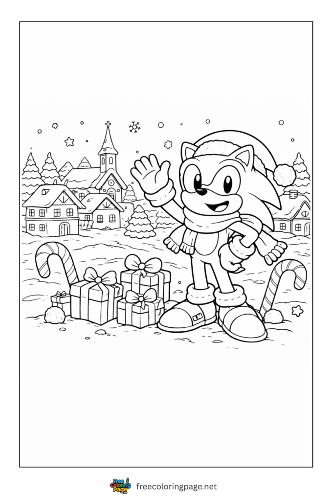 coloring page of sonic celebrating christmas in village with gifts
