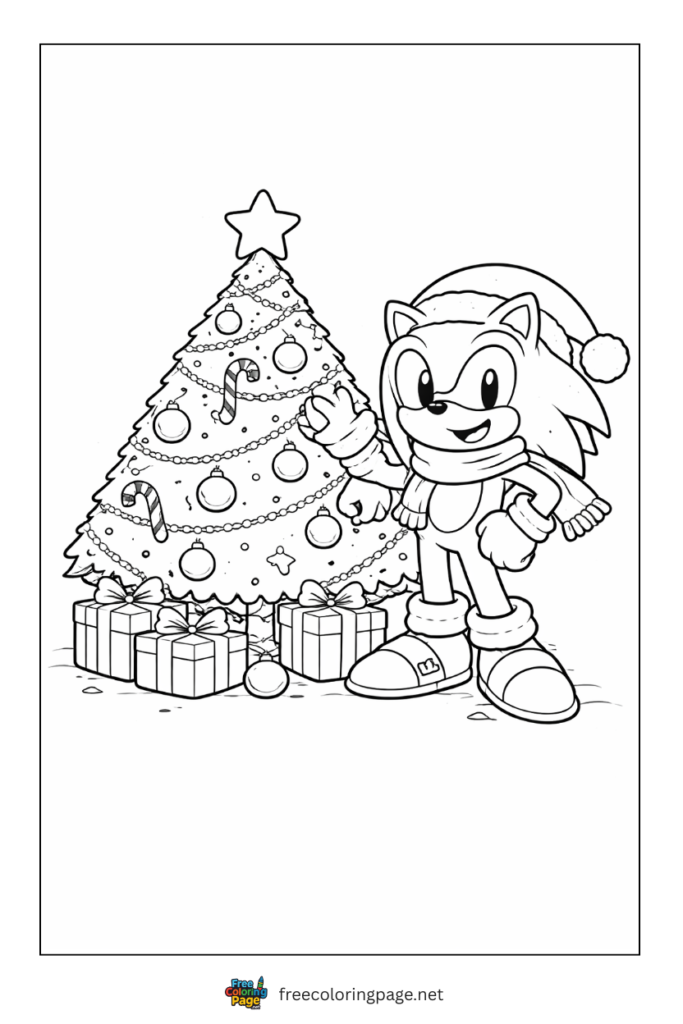 coloring page of sonic with christmas tree