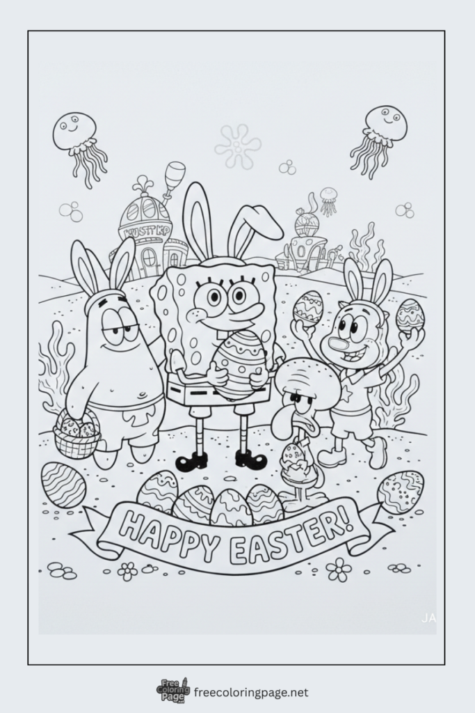 coloring page of sponge bob celebrating easter 