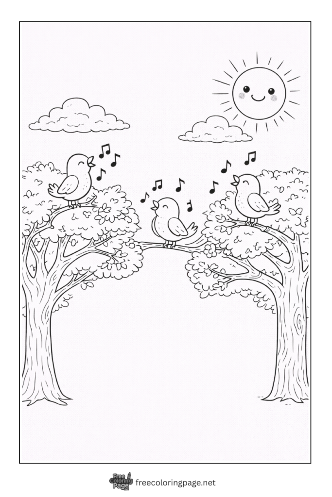 coloring page of birds singing in spring 