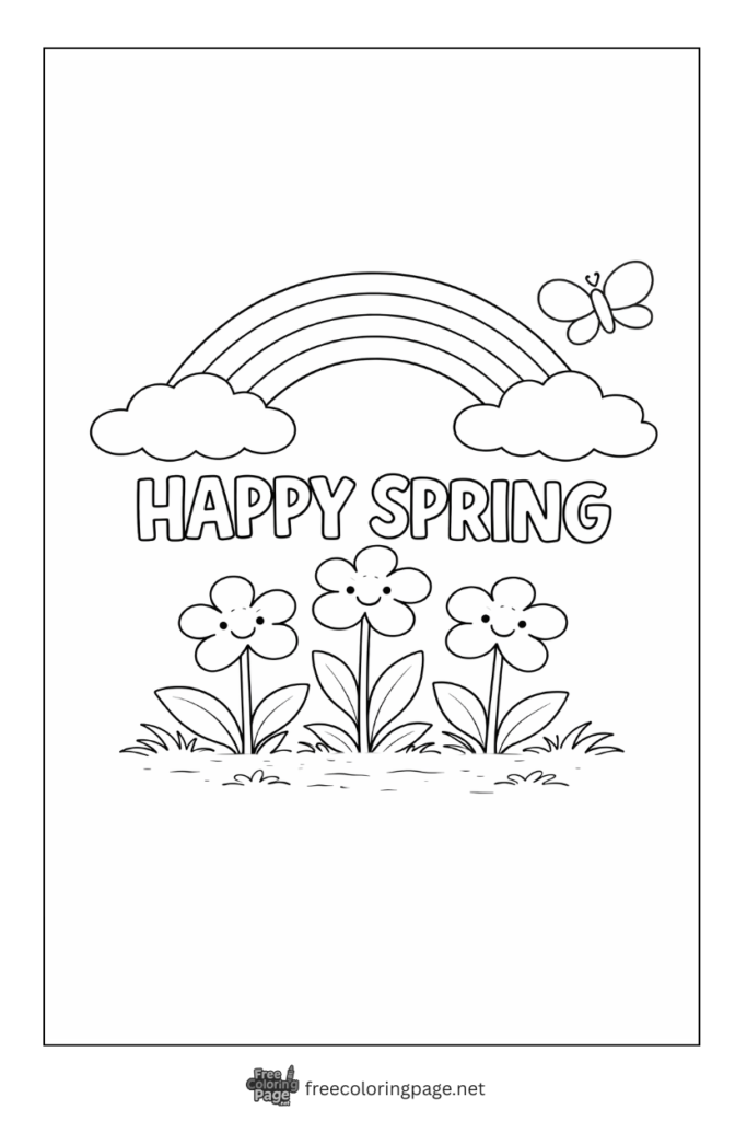 coloring page of happy spring for toddlers