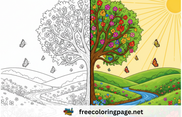 spring coloring pages colored and black and white image