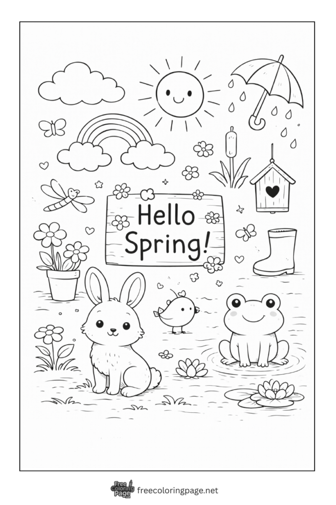 coloring page of spring doodles 