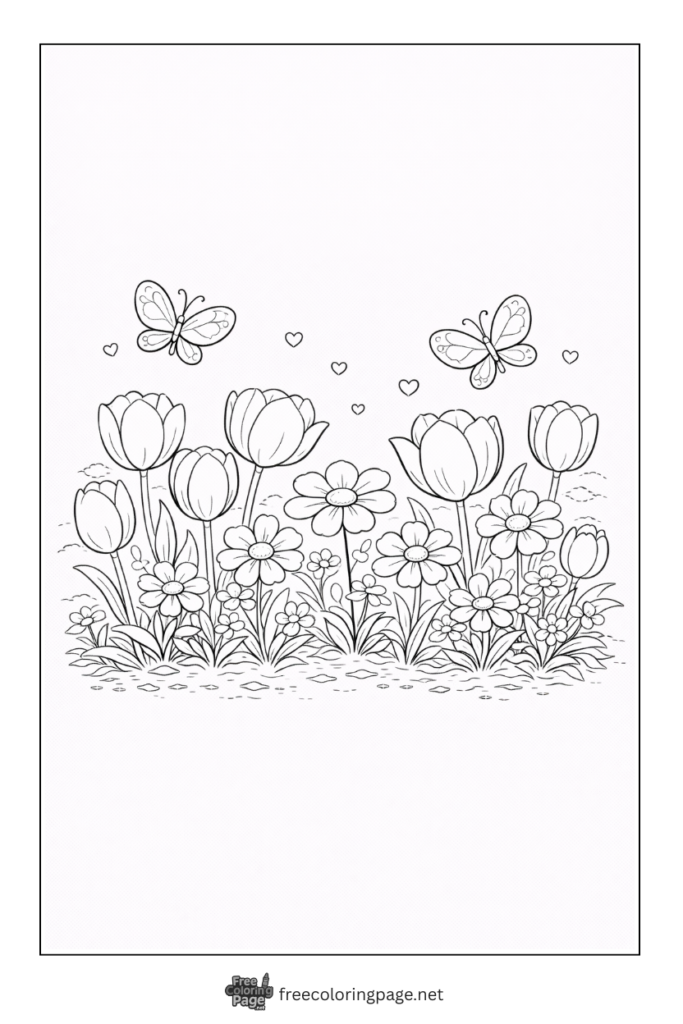 coloring page of spring flowers and butterflies