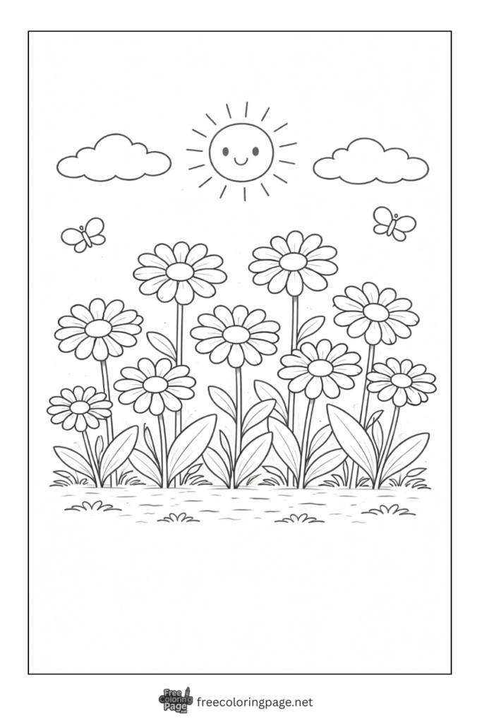 coloring page of spring flowers daisy in sun