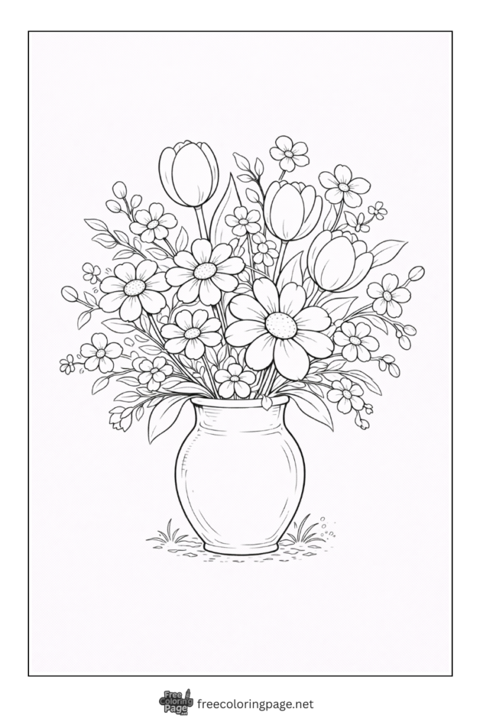 coloring page of spring flowera in vase