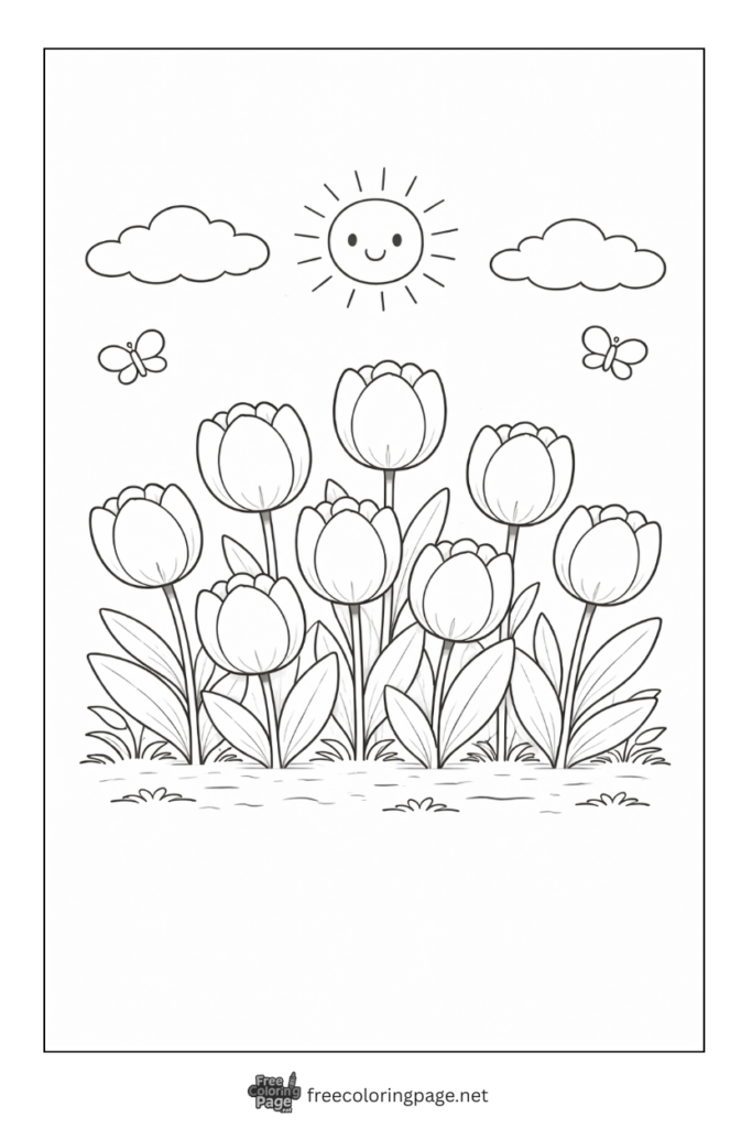 coloring page of tulips flowers in spring