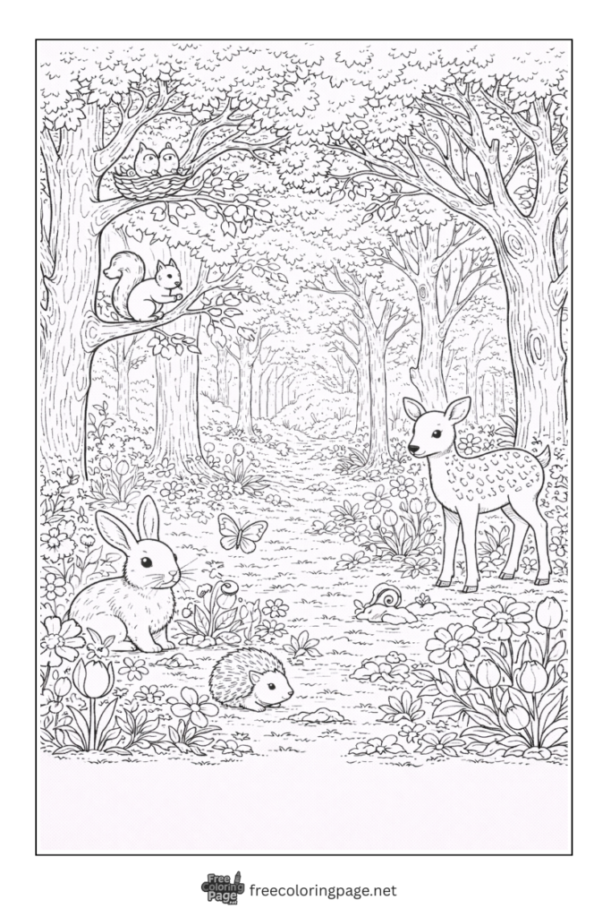 coloring page of spring forest for adults
