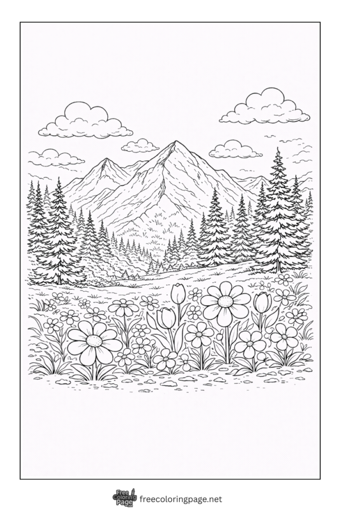 coloring page of spring landscape with flowers