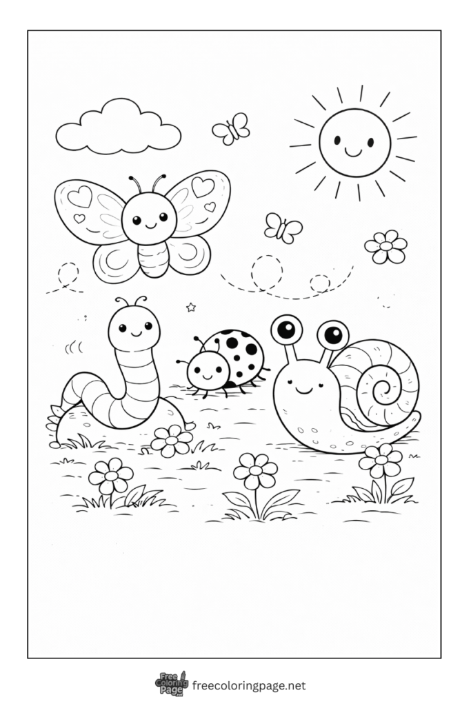 coloring page of spring worms bugs butterflu snail