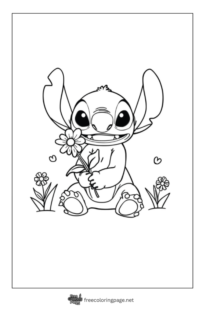 coloring page of stitch with spring flower
