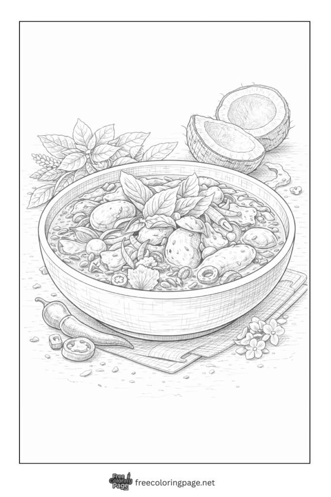coloring page of thai curry with coconut oil