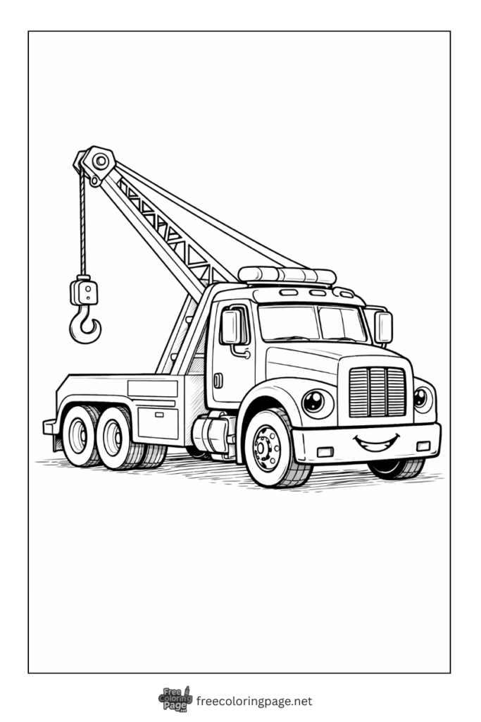 coloring page of tow truck with crain