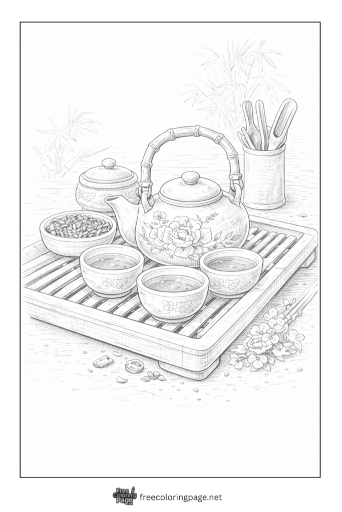 coloring page of chinese traditional tea ceremony set