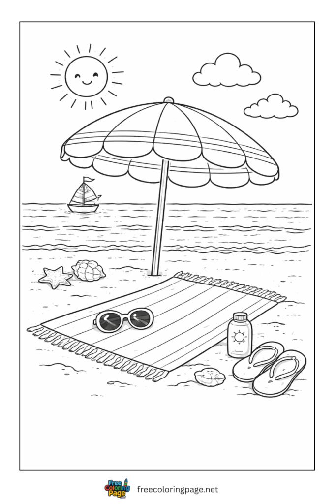 coloring page of beach with umbrella and mat