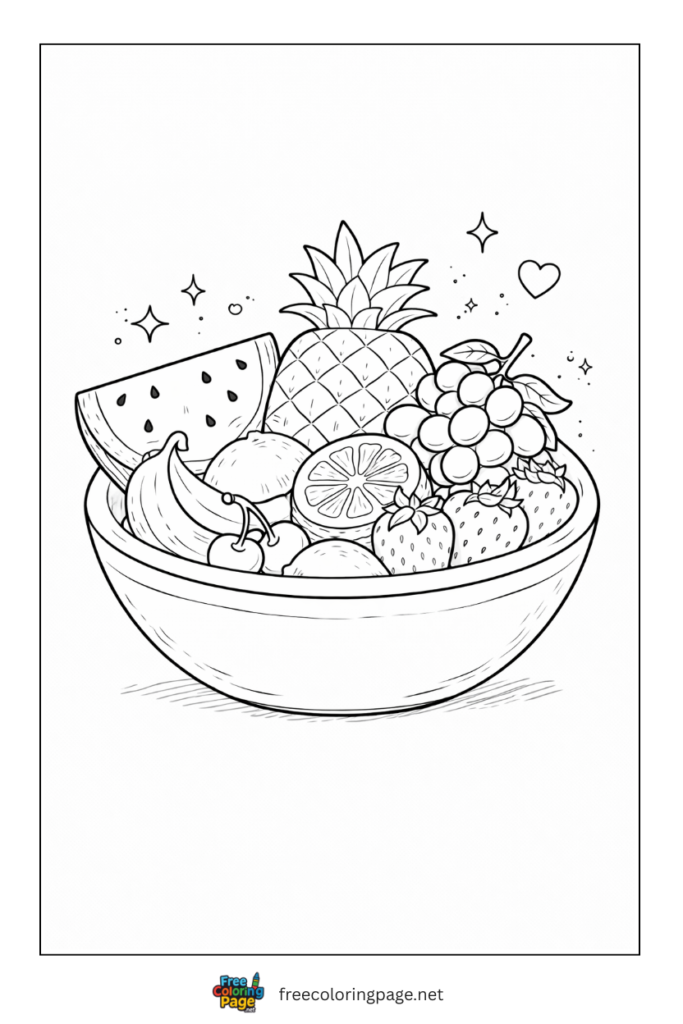 coloring page of summer tropical fruit bowl