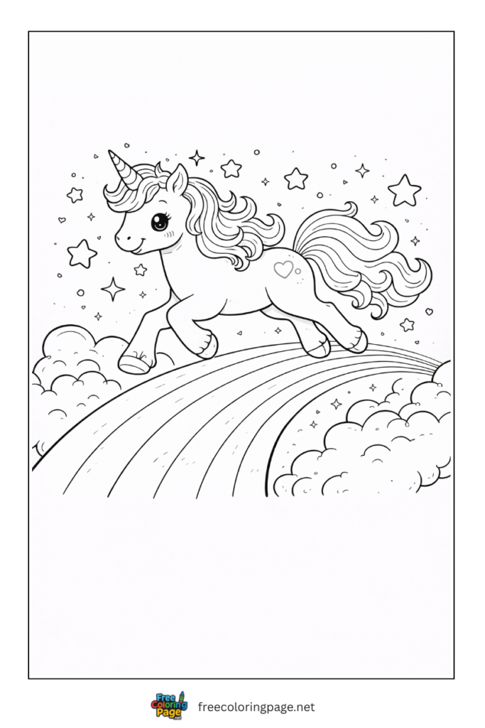 coloring page of unicorn galloping on rainbow