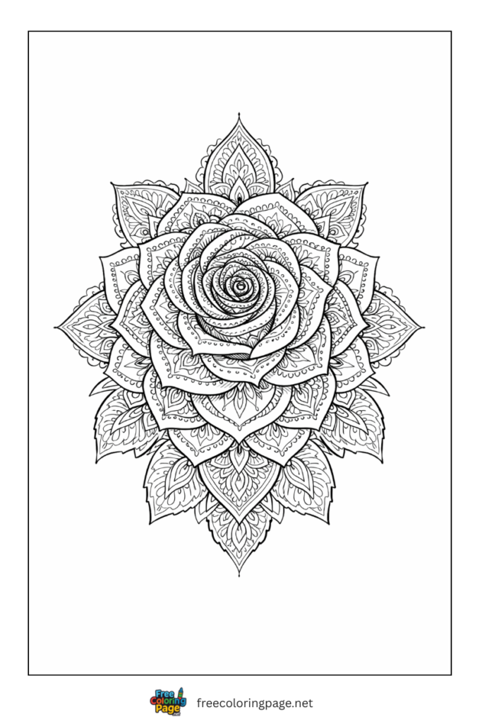 coloring page of rose petals mandala 