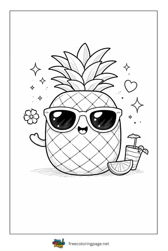 coloring page of cool pinapple wearing summer sunglasses