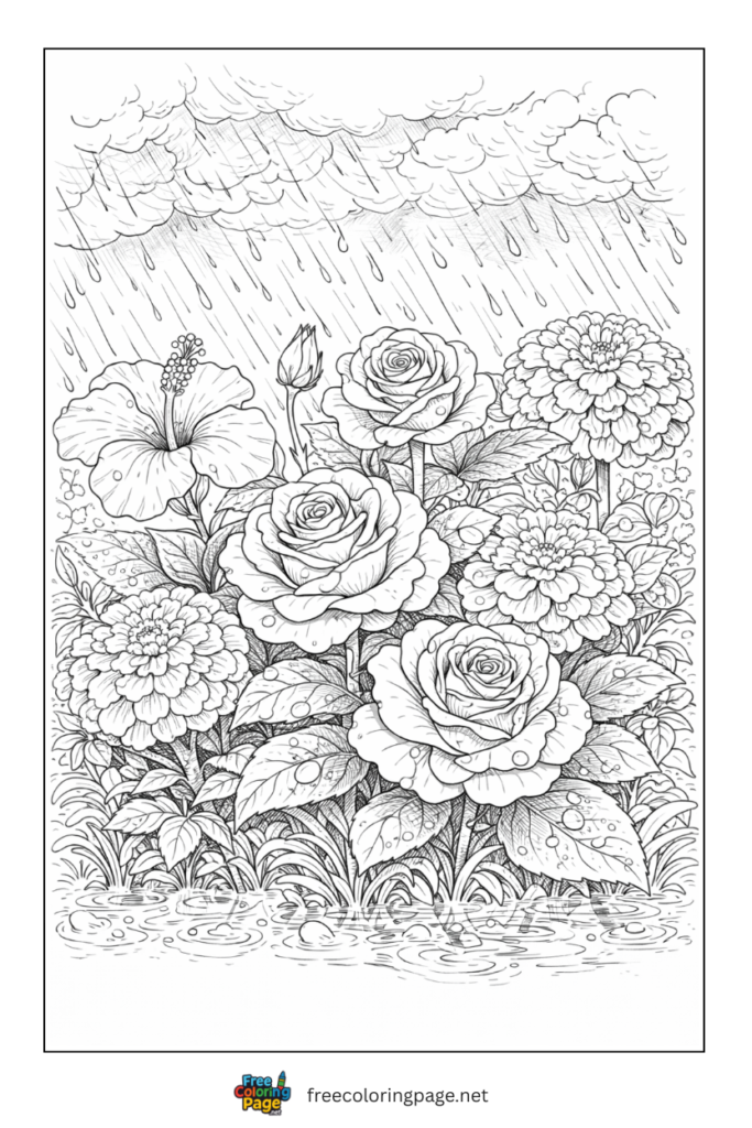 coloring page of rainy day garden flowers