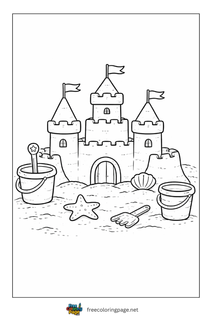 coloring page of easy sandcastle on beach
