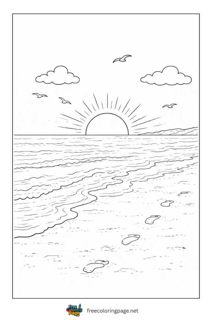 coloring page of simple sunset design for kids