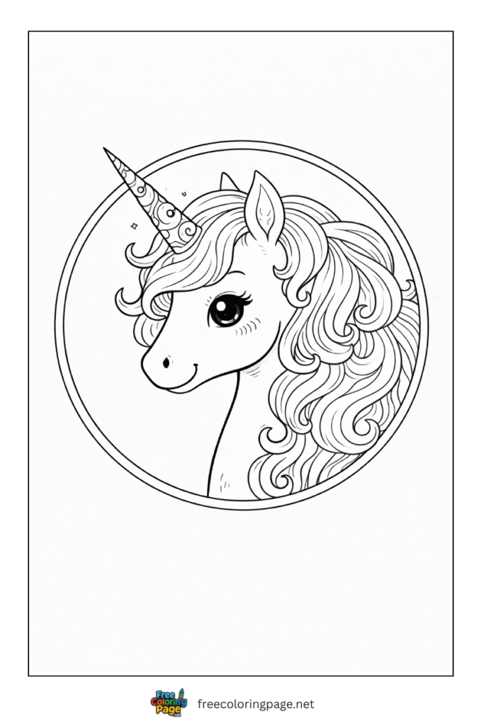 coloring page of unicorn head in circular frame