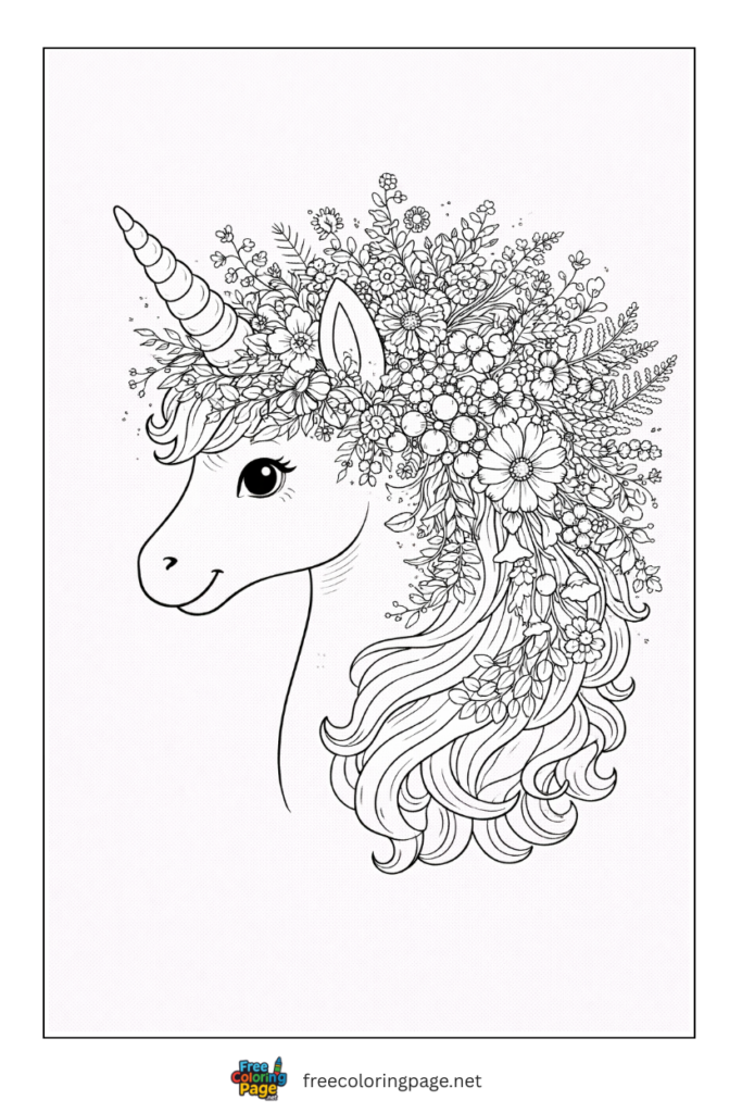 coloring page of unicorn with floral mane