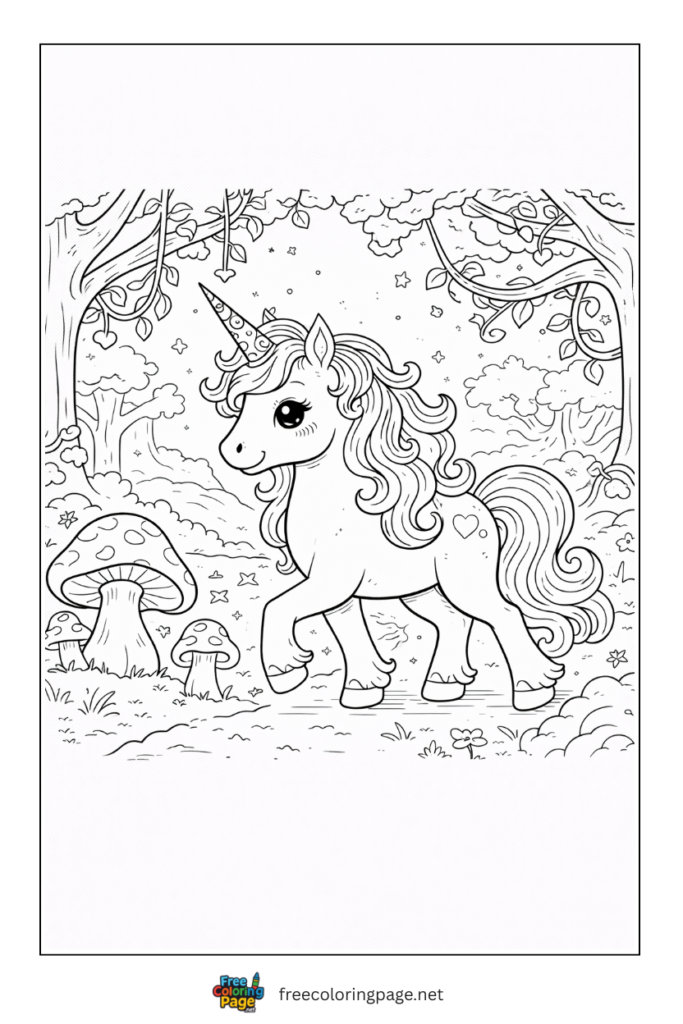 coloring page of unicorn in magical forest
