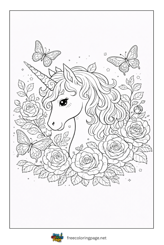 coloring page of unicorn head in flowers and butterflies