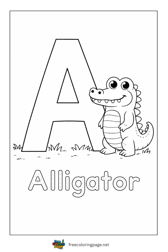 coloring page alphabet A  representing Aligator