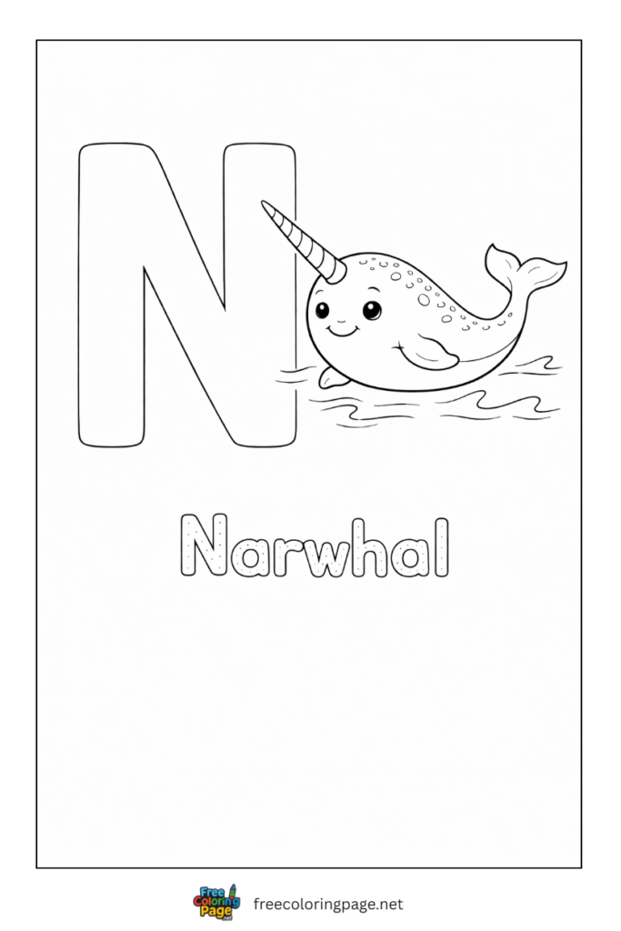 coloring page alphabet n  representing narwhal