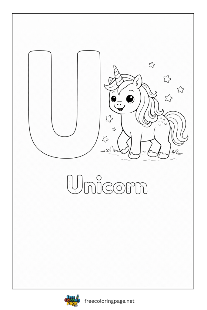 coloring page alphabet u  representing unicorn 