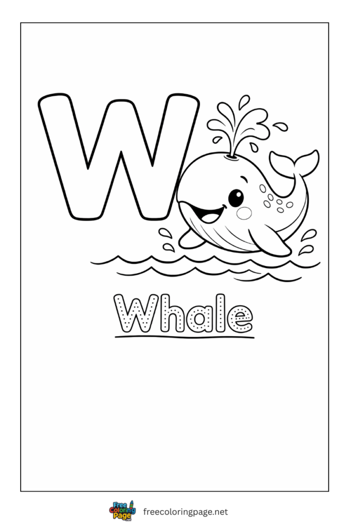 coloring page alphabet w representing whale